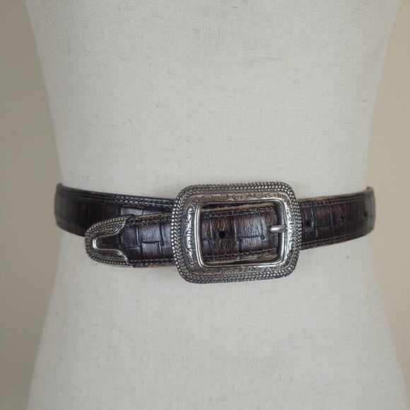Brighton Belt 28 Brown Textured Leather Western Silver Buckle Cowgirl Rodeo